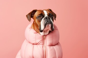 Conceptual portrait photography of a funny boxer dog wearing a puffer jacket against a pastel pink background. With generative AI technology