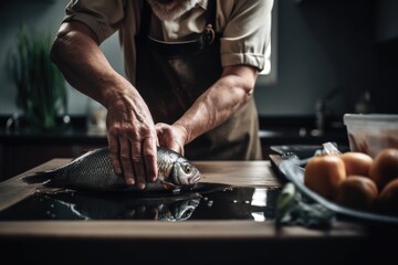 cropped shot of a man cleaning fish during his weekly housework routine