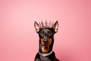 Photography in the style of pensive portraiture of a happy doberman pinscher wearing a princess crown against a pastel pink background. With generative AI technology