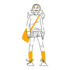 Cute little girl wearing jumper and skirt with shoulder canvas bag. Black Outline Vector illustration, female character design. Isolated on white background