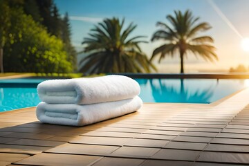 White bath towels folded on a wooden platform overlooking the pool. Concept of comfort, cleanliness and warmth. Created with generative Ai technology.