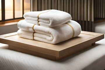 White bath towels folded on a wooden platform. Concept of comfort, cleanliness and warmth. Created with generative Ai technology.