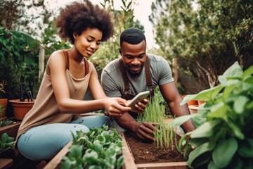 shot of a young couple using their smartphone as they do some gardening at home
