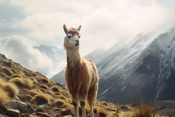 Selbstklebende Fototapeten Llama in the Peruvian Andes wearing typical Peruvian clothing © Creative Clicks