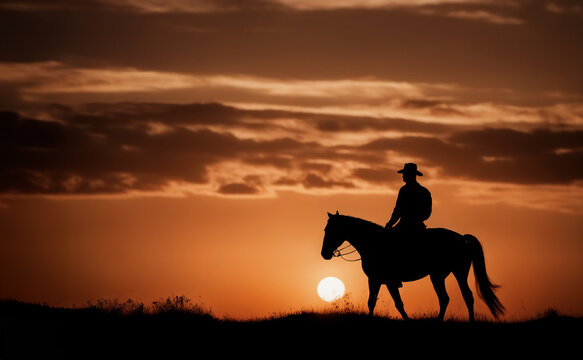 Cowboys on horseback at sunset