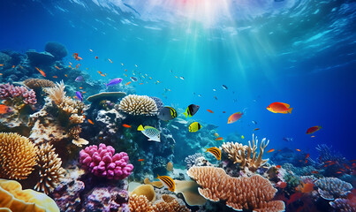 underwater of sea full color coral and various kinds of fish view on top Ai Image Generative