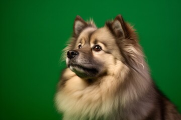 Photography in the style of pensive portraiture of a cute keeshond wearing a therapeutic coat against a green background. With generative AI technology