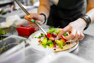 Chef cooking Green salad with salmon, cucumbers, lettuce, spices, caviar on restaurant kitchen