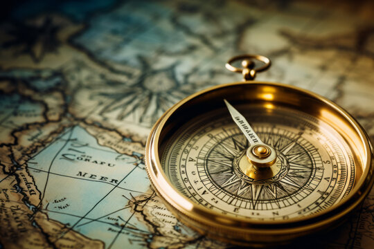 Old compass on vintage map 1752