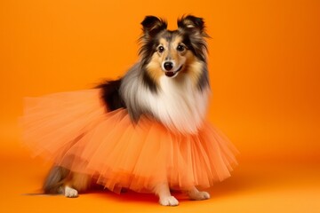 Photography in the style of pensive portraiture of a happy shetland sheepdog wearing a tutu skirt against a bright orange background. With generative AI technology