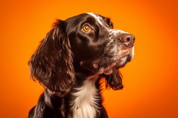 Photography in the style of pensive portraiture of a smiling english springer spaniel wearing a shark fin against a bright orange background. With generative AI technology