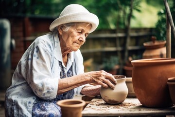 shot of a senior woman making pottery while sitting outside