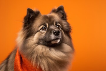 Photography in the style of pensive portraiture of a smiling keeshond wearing a cashmere sweater against a bright orange background. With generative AI technology