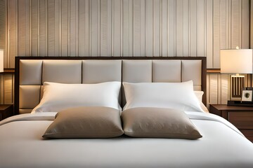 White pillows on a bed with white linens. Conforming, cleanliness, coziness and hotel room concept. Created with generative Ai technology.