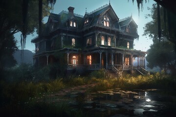 Moonlit swamp Victorian mansion overgrown with a sci-fi/fantasy/horror vibe. A digital painting perfect for graphic novels, postcards, and products. Generative AI