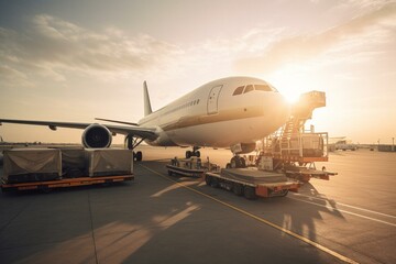 Fototapeta na wymiar Loading cargo on plane before departure against scenic sky. Generative AI