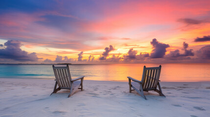 Two empty beach chairs on white beach on the Maldives at sunset. Generative AI