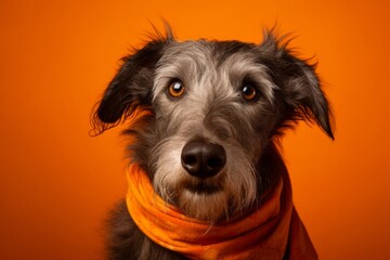 Close-up portrait photography of a cute scottish deerhound wearing a cooling bandana against a bright orange background. With generative AI technology