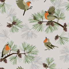 Seamless pattern with pine cones, spruce and birds on a gray background.