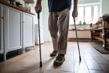 hand, cane and disabled man start walking in house after going out of home for exercise