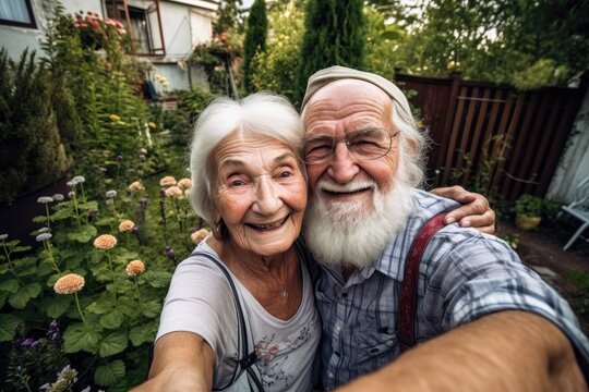 senior couple, hug and retirement selfie portrait in garden together for care, love and support