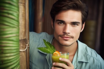 a handsome young man enjoying a tropical drink