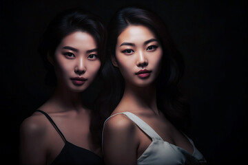 korean japanese beautiful twin sisters, professional studio photography with dark background, generative ai - obrazy, fototapety, plakaty