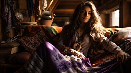 Fototapeta na wymiar Model lounging amidst patterned cushions and tapestries, highlighting bohemian flair, set in a rustic wooden interior.