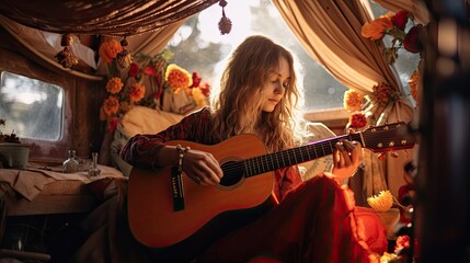 Model strumming a vintage guitar, surrounded by bohemian trinkets, set in a cozy tent