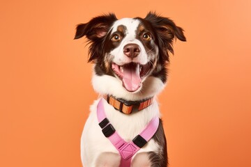 Lifestyle portrait photography of a funny brittany dog wearing a harness against a peachy pink background. With generative AI technology