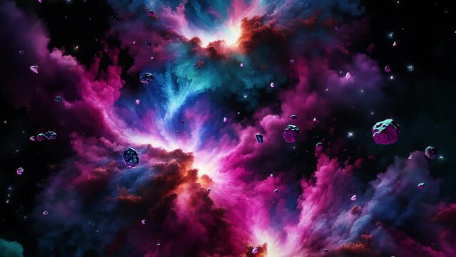 Space travel to abstract  alien pink blue nebula milky way in deep space wiht many space rocks cinematic abstract for sci fi background. 4K 3D seamless loop Sci Fi Space flight to glow energy gas dust