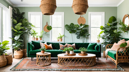 A serene living room adorned with a green sofa and an abundance of lush plants, creating a calming and natural atmosphere