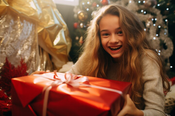 Generative ai young woman at home unwrapping gift on christmas eve