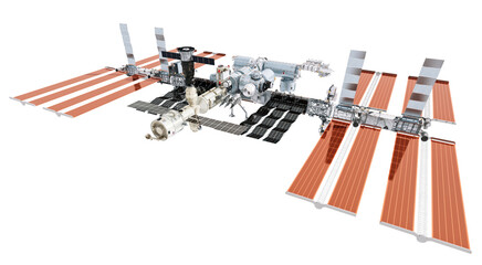 ISS 3D model on transparent background. International space station, (US, Russia, Europe, Japan, Canada) largest modular space station in low Earth orbit. Scientific research, long duration mission - obrazy, fototapety, plakaty