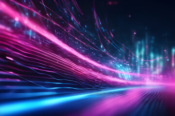 abstract background with light, Futuristic design with neon pink and blue glowing lights, high-speed moving wave lines, and bokeh light in the abstract background