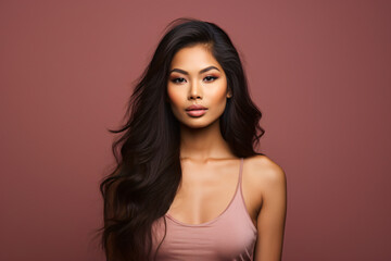 Naklejka premium a beautiful Asian model poses against a solid-colored background