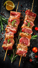 Raw Meat Skewers on Black Slate Plate