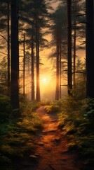 Obraz premium A path through a forest with the sun shining through the trees