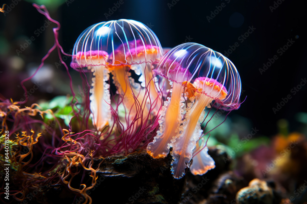 Wall mural Dangerous poisonous bright glowing jellyfish on a coral reef