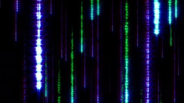 Abstract loop blurred falling purple blue green neon digital text matrix style on black background animation. 