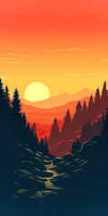 Mountain Sunset in Graphic Style,sunset in the mountains