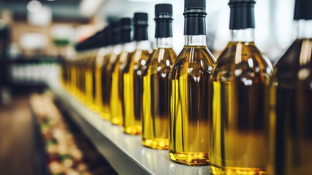 Olive oil bottles in a supermarket showcase with blurred background