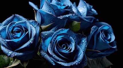 Beautiful blue rose with water drops on black background, closeup. Mother's day concept with a...