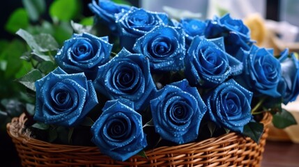 Beautiful blue roses in a wicker basket on a wooden background. Mother's day concept with a space...