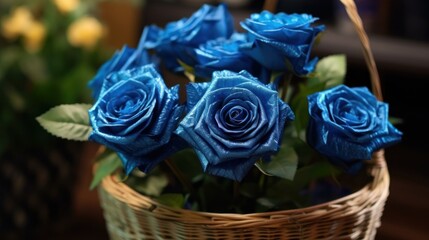 Beautiful blue roses in a wicker basket on a wooden background. Mother's day concept with a space for a text. Valentine day concept with a copy space.