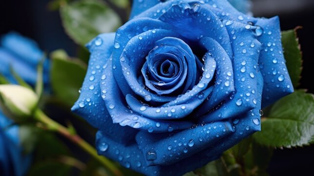 Beautiful blue rose with water drops on petals, close up. Mother's day concept with a space for a text. Valentine day concept with a copy space.
