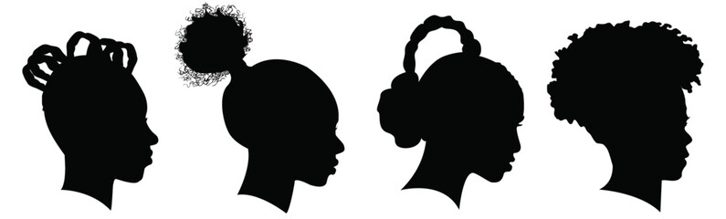 Silhouettes of African American women part 7, profile with hair style contour on white background. Vector illustration.