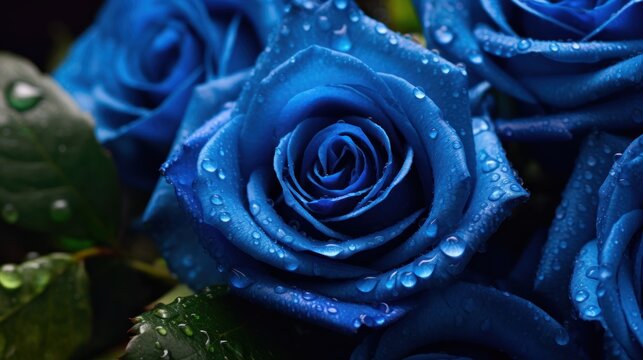 Beautiful blue rose with water drops on the petals close up. Mother's day concept with a space for a text. Valentine day concept with a copy space.