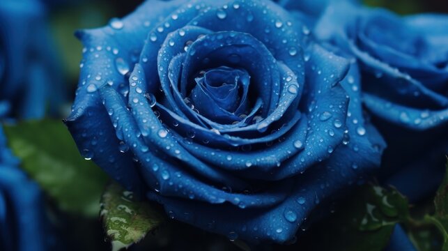 beautiful blue rose with water drops on petals close-up. Mother's day concept with a space for a text. Valentine day concept with a copy space.