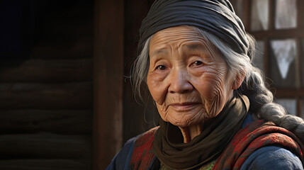 Asian grandmother standing outside home portrait. Concept of Elderly wisdom, outdoor portrait, senior woman, Asian heritage, grandmother's presence.